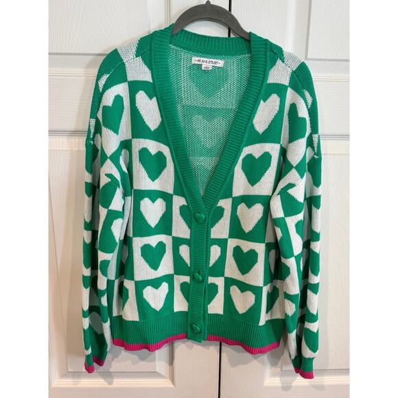 99 Jane Street Green Heart Checkered Sweater Cardigan - Large - Picture 4 of 8
